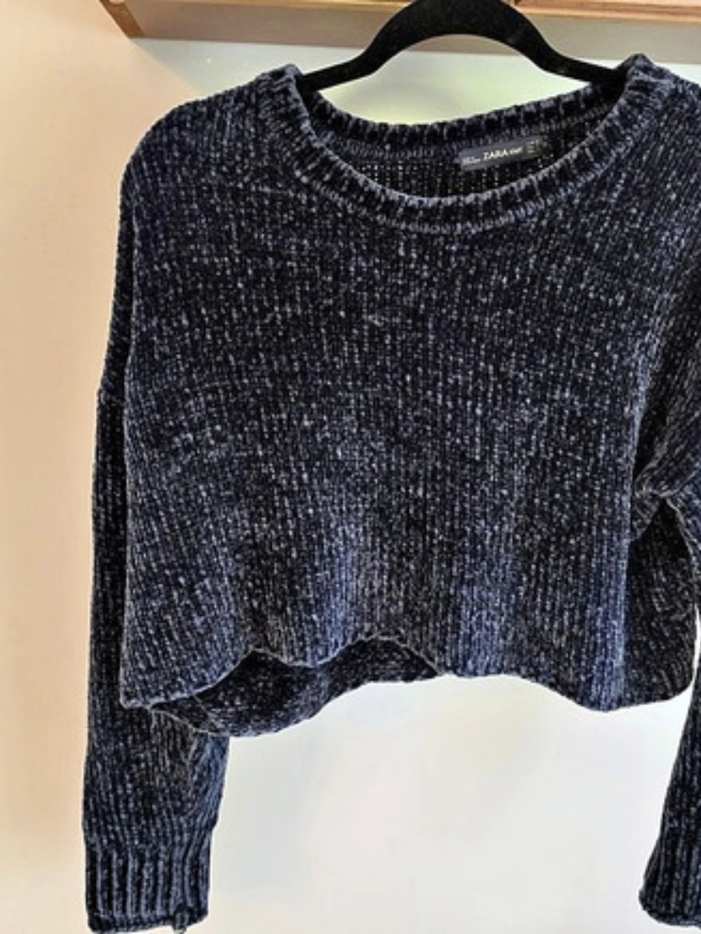 Zara Chenille Knit Jumper Cropped Sweater Blue Small